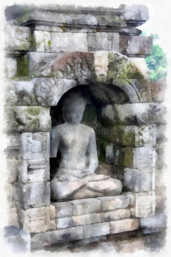 Buddha statue on the temple wall. Watercolor drawing royalty free stock photography