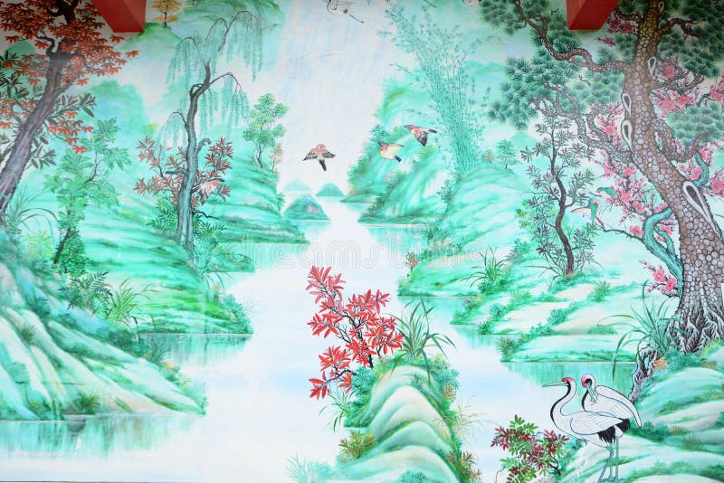 Chinese style painting. Art Chinese style painting on the wall in temple,Thailand royalty free stock photos