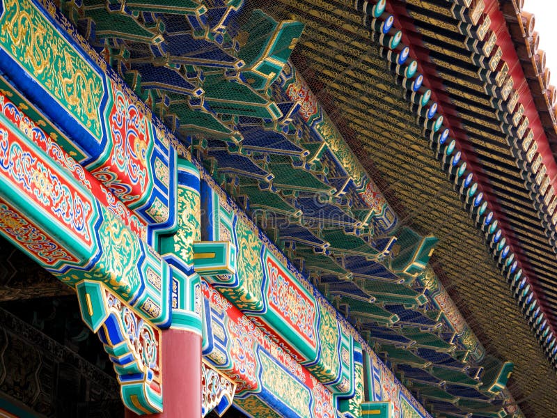 Detail of colorful traditional painting on the roof of Chinese temple. In Beijing, China stock photo