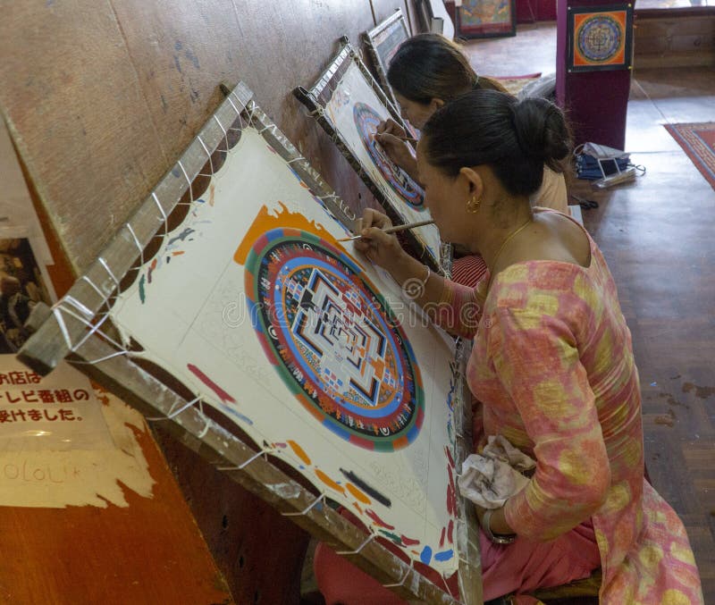 Kathmandu, Nepal, Bhaktapur, June 19 2019: Boudhanath temple, visit to a school of painting and drawing of mandalas.  stock photos