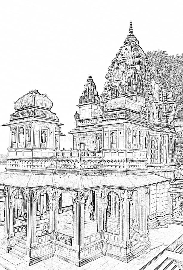 Maheshwar Temple Drawing. Maheshwar Temple at Maheshwar Ghat Madhya Pradesh India sketch or line Drawing stock photo