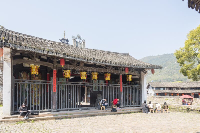The students are drawing and temple. This photo was taken in Lishui ancient street, Yantou town, Yongjia county,Zhejiang province,china stock photography